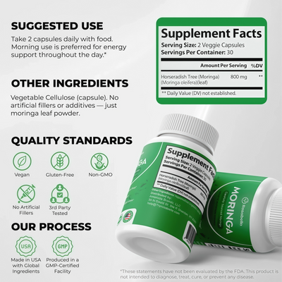 Rosabella Moringa+ Capsules - Pure Moringa Powder, Energy, Skin, Immune & Gut Health Superfood, Rich in Antioxidants, Essential Vitamins & Amino Acids, Natural Green Superfood Supplement - 60 Count